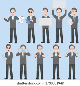 Set of Businessman Character design in various action for prevent coronavirus Cartoon flat Health care concept.
