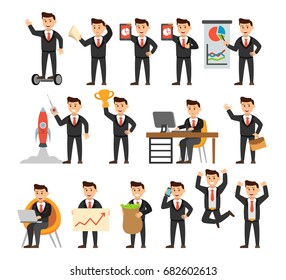 Set of Businessman character design. Vector infographics business spokesman character poses set.  Startup business, entrepreneur, entrepreneurship, small business, presentation, new business concept.