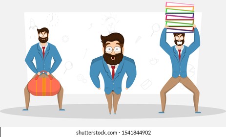 Set of businessman character in different expression with file folder and bag on white business pattern background.