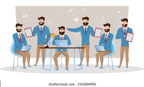 Conjunto de caracteres de hombre de negocios en una expresión diferente sobre el fondo del lugar de trabajo.