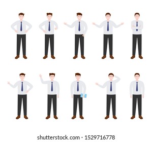 Set of businessman character with different pose, gesture hand and expression. vector illustration