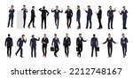 Set of Businessman character in different poses. Handsome man with beard wearing formal suit standing and walking, using phone , front, back and side view. Vector realistic illustration isolated white