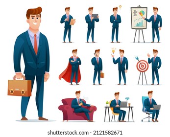 Set of businessman character with different poses and actions cartoon illustration