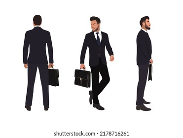 Conjunto de personajes de negocios en diferentes poses. Hombre guapo con barba en traje formal de pie y caminando, sosteniendo maletín, vista frontal, trasera y lateral. Ilustración realista de vectores blanco aislado