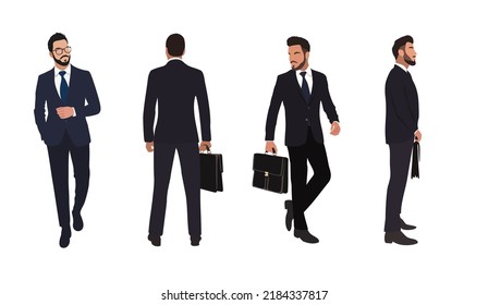 Conjunto de personajes de negocios en diferentes poses. Hombre guapo con barba usando traje formal de pie y caminando, frente, espalda y vista lateral. Ilustración vectorial realista aislada en blanco