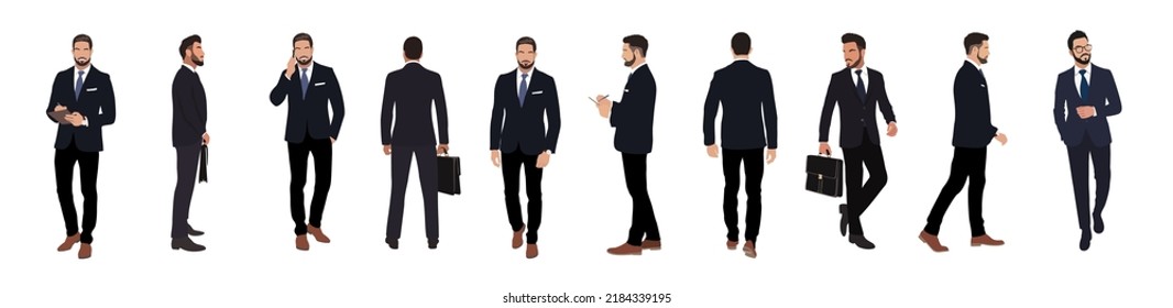 Set of Businessman character in different poses. Handsome man with beard wearing formal suit standing and walking, using phone , front, back and side view. Vector realistic illustration isolated white