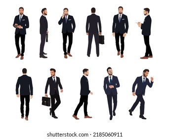 Set of Businessman character in different poses. Handsome man with beard wearing formal suit standing and walking, using phone , front, back and side view. Vector realistic illustration isolated white