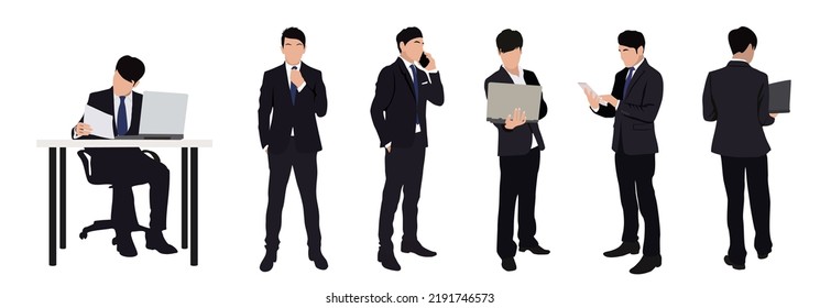 Set of Businessman character in different poses. Handsome young man wearing formal suit standing and sitting, using phone and laptop, front, back and side view. Vector realistic illustration isolated.