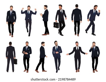 Set of Businessman character in different poses. Handsome man with beard wearing formal suit standing and walking, using phone , front, back and side view. Vector realistic illustration isolated white