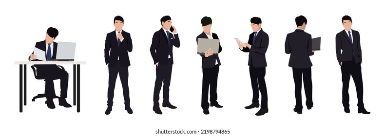 Set of Business man Charakter in verschiedenen Posen. Schöner junger Mann mit formellem Anzug stehend und sitzend, mit Telefon und Laptop, Front-, Back- und Seitenansicht. Vektorrealistische Illustration einzeln.