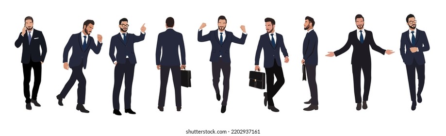 Set of Businessman character in different poses. Handsome man with beard wearing formal suit standing and walking, using phone , front, back and side view. Vector realistic illustration isolated white