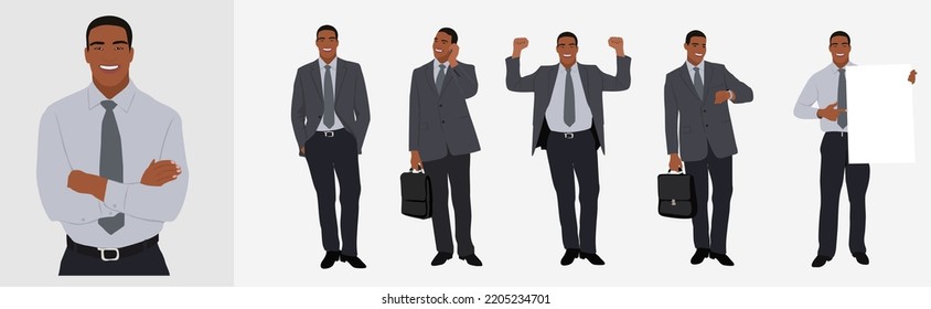 Set of Businessman character in different poses. Handsome black man wearing formal suit standing, using phone, front, back and side view. Vector realistic illustration isolated on white background.