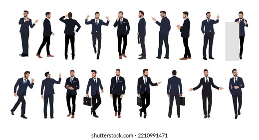 Set of Businessman character in different poses. Handsome man with beard wearing formal suit standing and walking, using phone , front, back and side view. Vector realistic illustration isolated white