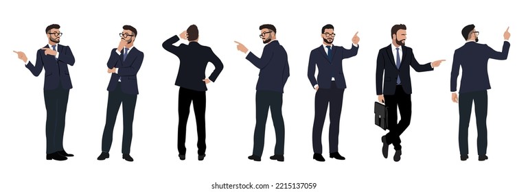 Set of Businessman character in different poses. Handsome man with beard wearing formal suit standing, front, back and side view. Vector realistic illustration isolated on white background.