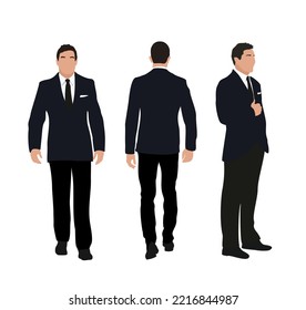 Conjunto de personajes de negocios en diferentes poses. Un hombre guapo con traje formal de pie y caminando, frente, espalda y vista lateral. Ilustración vectorial realista aislada en fondo blanco.