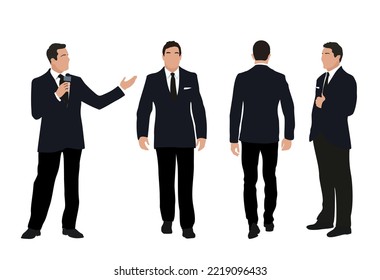 Set of Businessman character in different poses. Handsome man wearing formal black suit standing and walking, presenting, front, back and side view. Vector realistic illustration isolated on white.