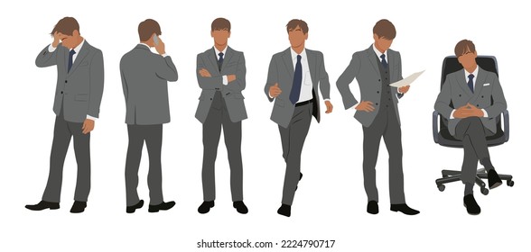 Conjunto de personajes de negocios en diferentes poses. Un hombre guapo con traje formal de pie, sentado corriendo, usando teléfono, frente, raro y vista lateral. Ilustración vectorial realista aislada en blanco.