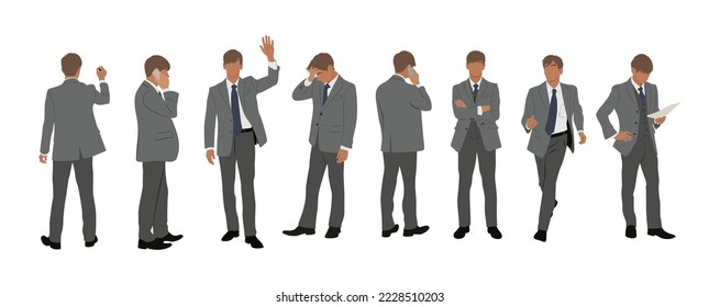 Set of Businessman character in different poses. Handsome man wearing formal suit standing and running, using phone , front, back and side view. Vector realistic illustration isolated on white.