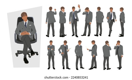 Set of Businessman character in different poses. Handsome young man wearing formal suit standing and walking, sitting, running, using phone, front, back and side view. Vector illustration isolated