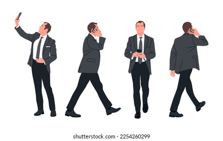 Set of Businessman character different poses. Young business man wearing suit walking, standing, using mobile phone, front, side, back view. Vector realistic illustration isolated on white background.