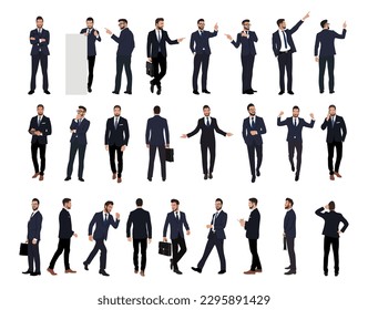 Conjunto de personajes de negocios en diferentes poses. Un hombre guapo con barba usando traje formal de pie y caminando, usando teléfono, vista frontal, trasera y lateral. Ilustración realista de vectores blanco aislado