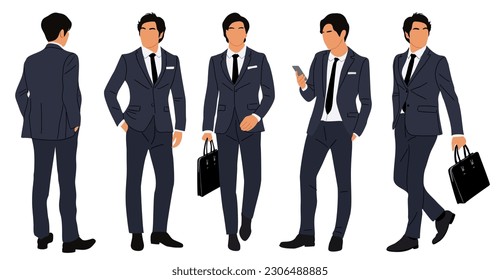 Conjunto de personajes de negocios en diferentes poses. Un guapo joven vestido con traje formal de pie y caminando, usando teléfono, vista frontal, trasera y lateral. Ilustración vectorial realista aislada