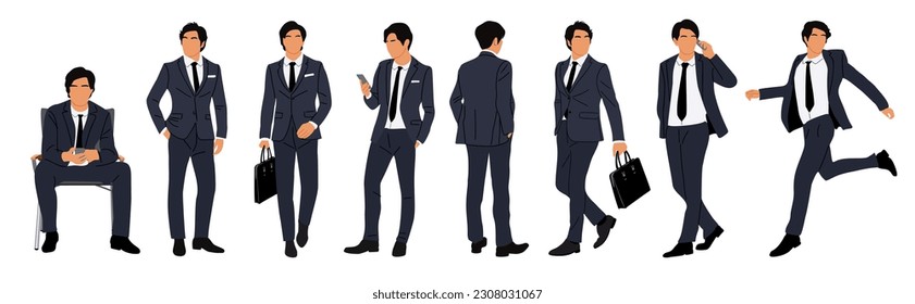 Set of Businessman character in different poses. Handsome young man wearing formal suit standing, walking, sitting, running, with phone, briefcase. Vector realistic illustration isolated on white