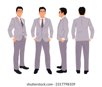 Set of Businessman character in different poses. Asian business man wearing formal light gray suit standing front, back and side view. Vector realistic illustration isolated on white background