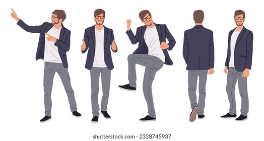 Conjunto de personajes de negocios en diferentes poses. Un hombre guapo con barba vestido con un traje casual elegante de pie, caminando, adelante, atrás, vista lateral. Ilustración vectorial realista aislada en blanco