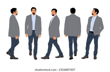 Set of Businessman character in different poses. Handsome man with beard in smart casual clothes standing, walking, front, back, side view. Vector realistic illustrations isolated on white background