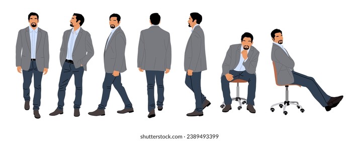 Conjunto de personajes de negocios en diferentes poses. Un hombre guapo con barba vestido con ropa informal y elegante de pie, caminando, sentado, frente, detrás, vista lateral. Ilustraciones vectoriales sobre fondo blanco.