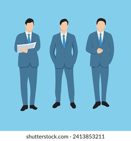 Set of Businessman character in different poses. Handsome man wearing formal suit standing front view. Vector illustration in minimalist flat design