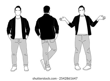 Set of Businessman character in different poses. Casual man standing front, rear, back view. Vector outline sketch style illustration isolated on white background.