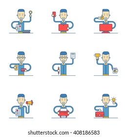 Set of businessman character in different poses. Flat design vector illustration. Thin line illustration. People avatar. People set