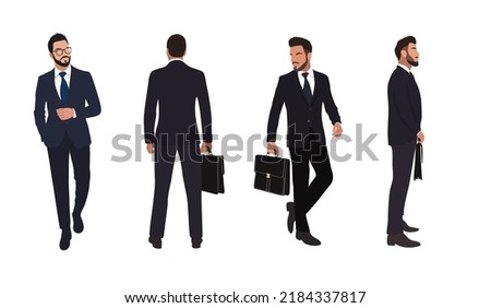 Set of Businessman character in different poses. Handsome man with beard wearing formal suit standing and walking,  front, back and side view. Vector realistic illustration isolated on white