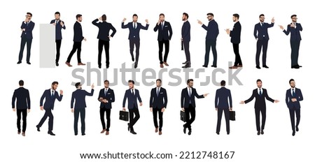 Set of Businessman character in different poses. Handsome man with beard wearing formal suit standing and walking, using phone , front, back and side view. Vector realistic illustration isolated white