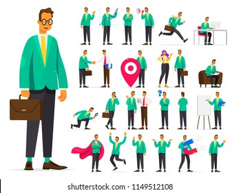Set of businessman character in different situations. Working situations and concepts. Negotiations, attraction of investments, search of the personnel advertising of a product. Vector illustration
