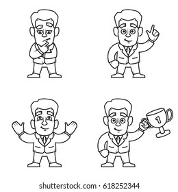 Set of businessman character emotions and situations. Design for ads, website, banners and posters. Thin lines black and white cartoon vector illustration. Isolated on white background.