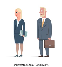 Set of businessman character flat illustrations. Man with briefcase and woman with folder. Business dress-coat, blue suit. Vector illustration.