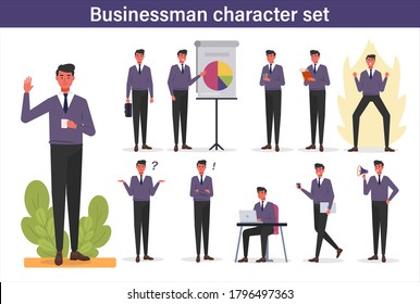 Set of Businessman character  isolated on white background design,  Businessman working character, Male Pffice Character Doing His Job with Different poses and emotions Vector Illustration