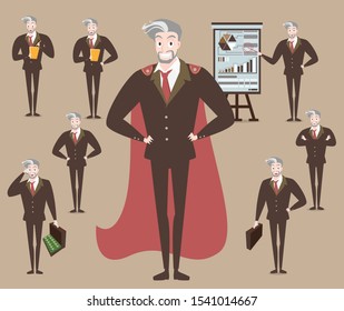 Set of businessman character pose, smart Old man showing different gestures cartoon vector,Set of business characters design isolated on brown background, Manager is busy other things in strategy idea