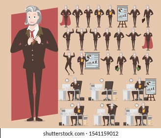 Set of businessman character pose, smart Old man showing different gestures cartoon vector,Set of business characters design isolated on brown background, Manager is busy other things in strategy idea