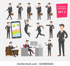 Set of businessman character poses, gestures and actions