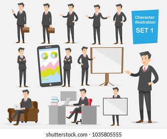 Set of businessman character poses, gestures and actions