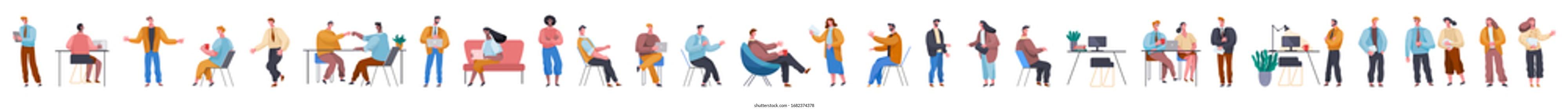 Set of businessman character poses, gestures and actions. Office worker professional standing, working. Meeting planning, success, work process, coffee break. Human personages in workflow process