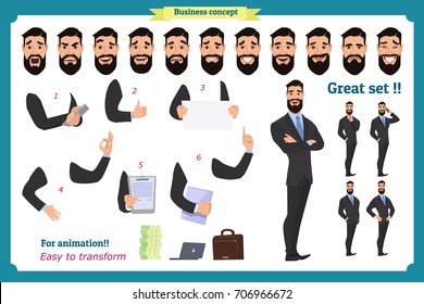 Set of businessman character poses, gestures,actions, body elements. Isolated on white. Man in suit,cloak standing, Cartoon flat-style illustration. Business people. Male avatar expressions.