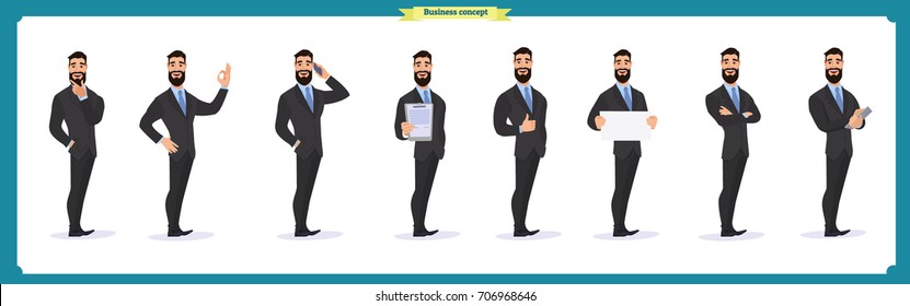 Set of businessman character poses, gestures,actions. Isolated on white.Man in suit,cloak, Cartoon flat-style illustration.Business people.Businessman working character design set.Vector design.