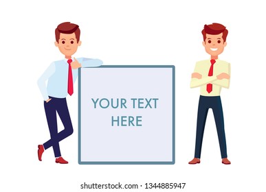 Set of businessman character. Businessman reclines on, leaning on blank banner, billboard with thump up. 