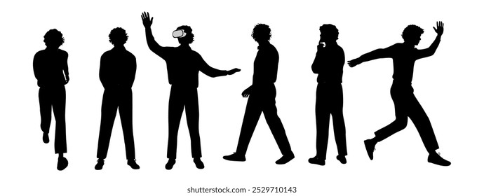 Set of Businessman character silhouettes in different poses. Business man in casual clothes standing, running, wearing VR glasses front, back, side view. Vector black icons isolated, white background