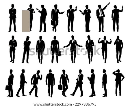 Set of Businessman character silhouettes in different poses. Business man in formal suit standing and walking with phone, briefcase, banner front, back, side view. Vector black on white background